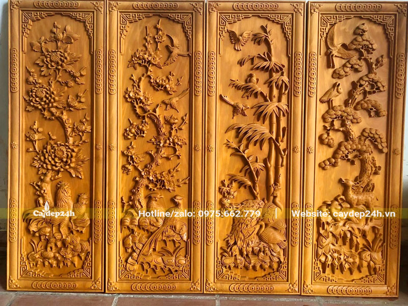 Bình phong điêu khắc tranh tứ quý được làm từ gỗ cây Gáo Vàng
