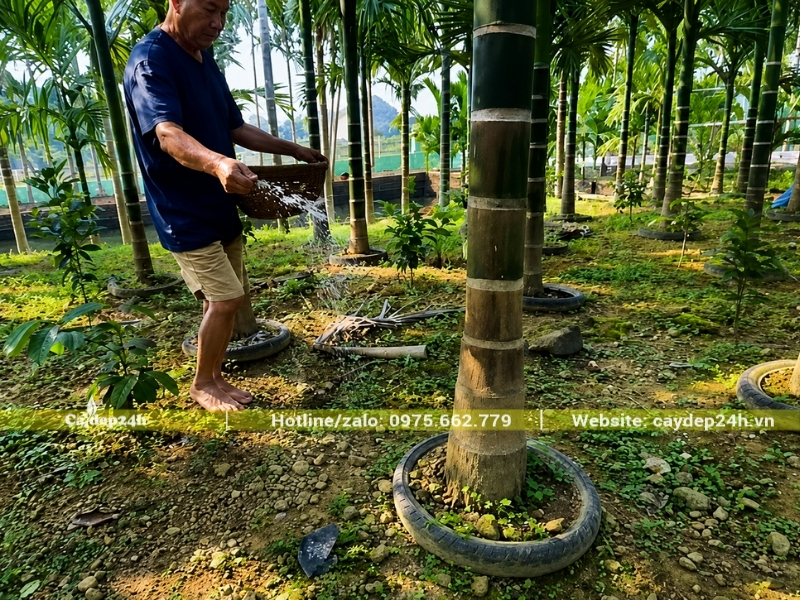 Bón muối cho số lượng lớn cây cau trong vườn